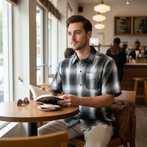 Caltop Shirt Mens Size Large Black Gray Plaid Short Sleeve Button Up Made in USA